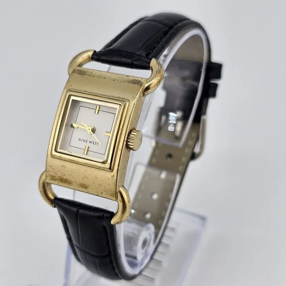 Nine West Women's Watch‎ 20MM White Dial New Black Leather Bands New Battery